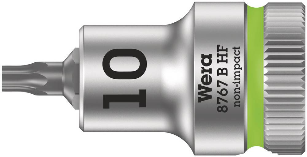Fémes csavarhúzó bit '10' felirattal, 'Wera 8767 B HF' és 'non-impact' jelöléssel. Baloldalon látható a bit befogófeje.