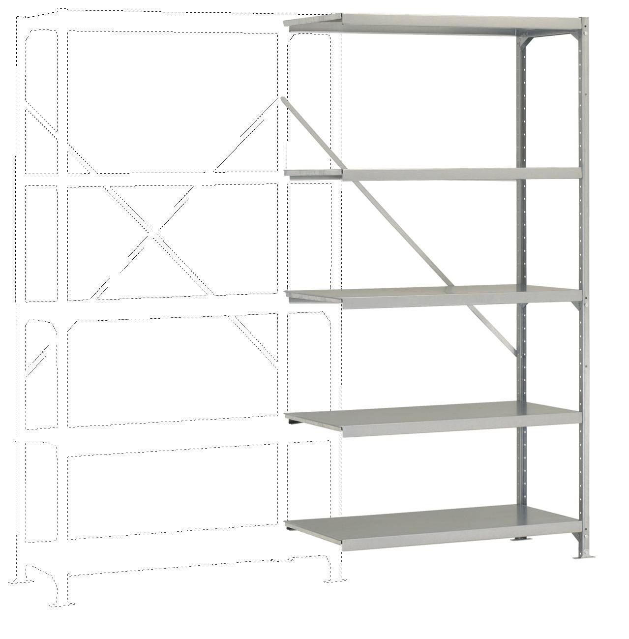 Fém polcrendszer öt állítható polccal, amely alkalmas tárgyak tárolására garázsokban vagy raktárakban. Bal oldalán bővíthető.