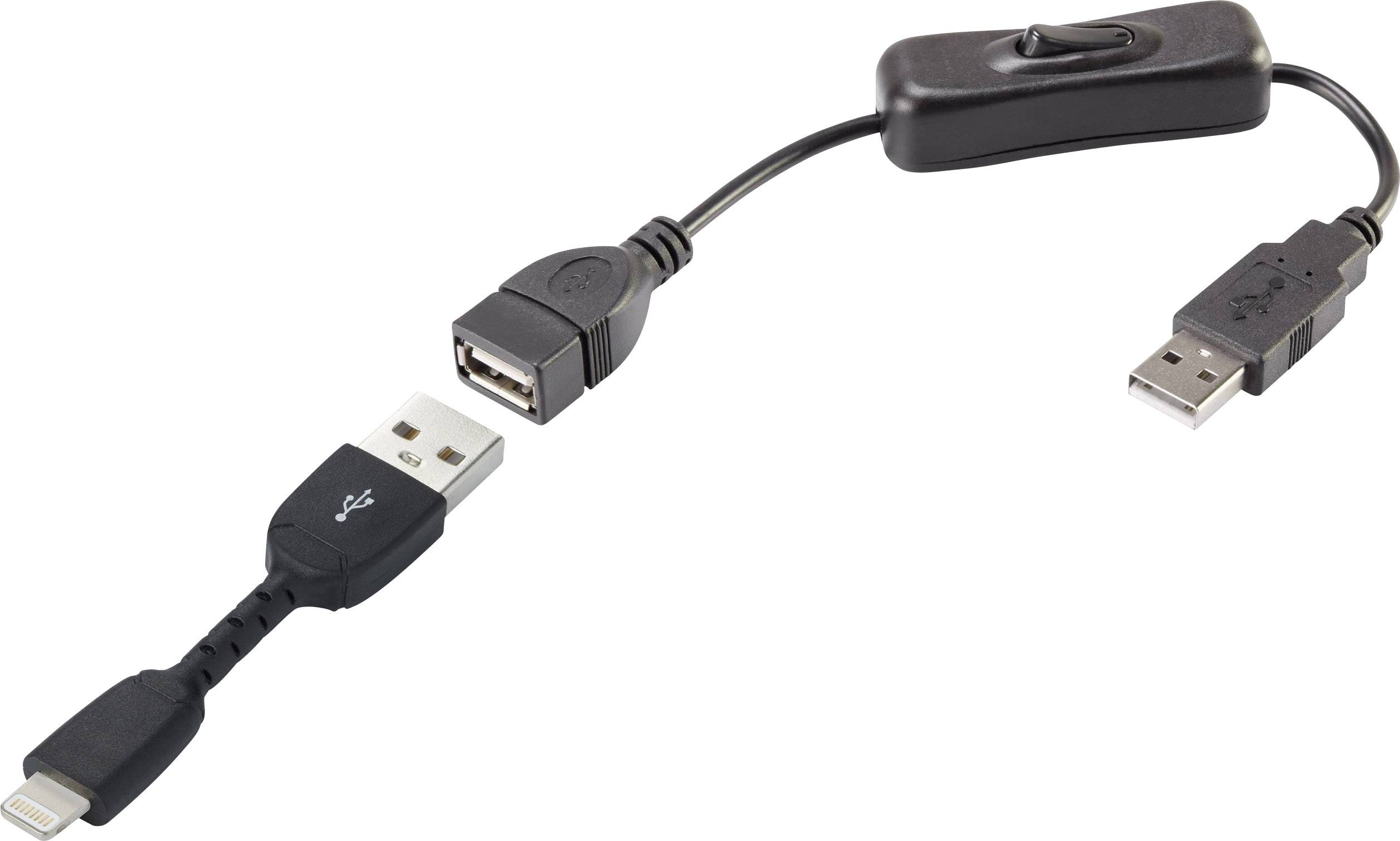 USB-csatlakozóval és áramvezérlő kapcsolóval rendelkező kábel adapter. Eszközök csatlakoztatása USB vagy Lightning csatlakozón keresztül.