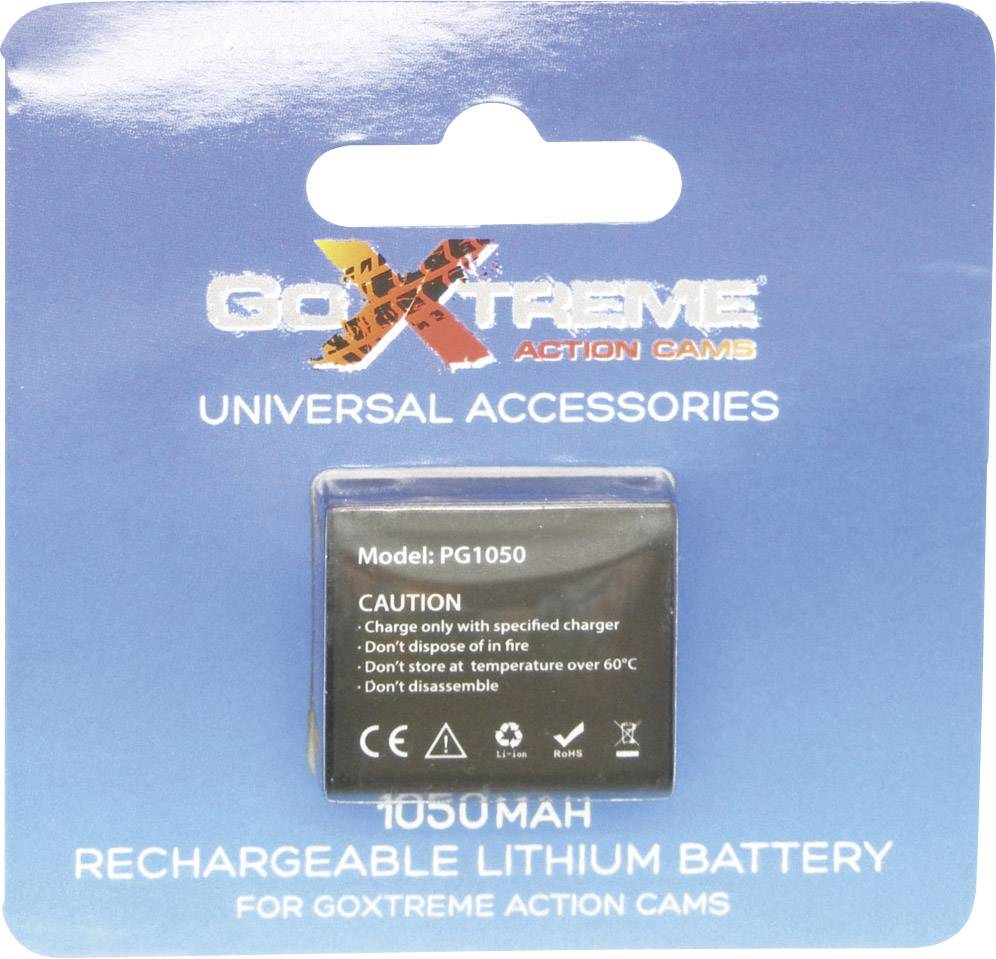 GoXtreme Action Cams univerzális tartozékok töltőjének csomagolása 1050mAh lítium akkumulátorral. Biztonsági figyelmeztetéseket tartalmaz.