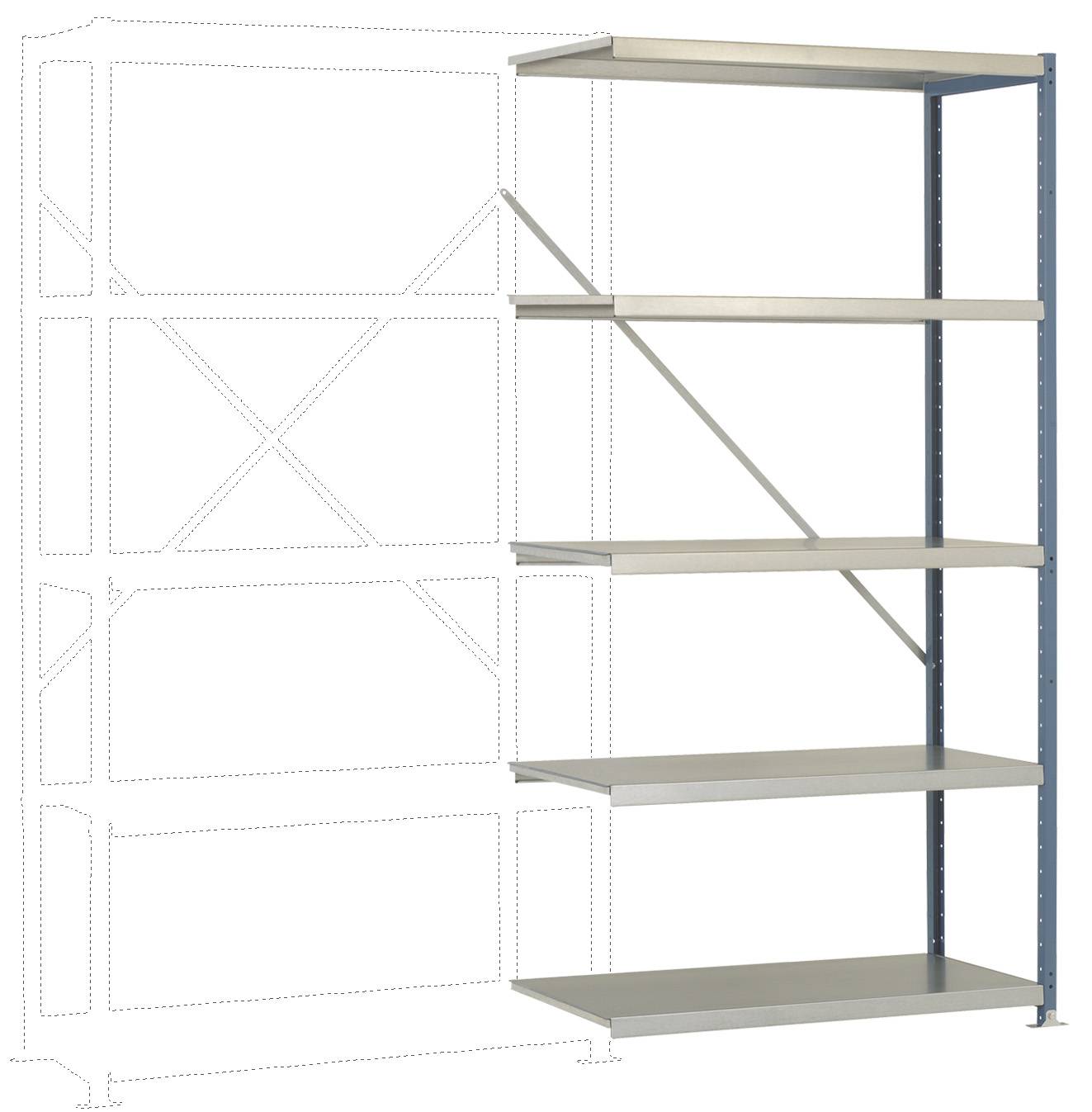 Ötpolcos fémállvány, részben felépítve, mutatja a bővítési lehetőséget.