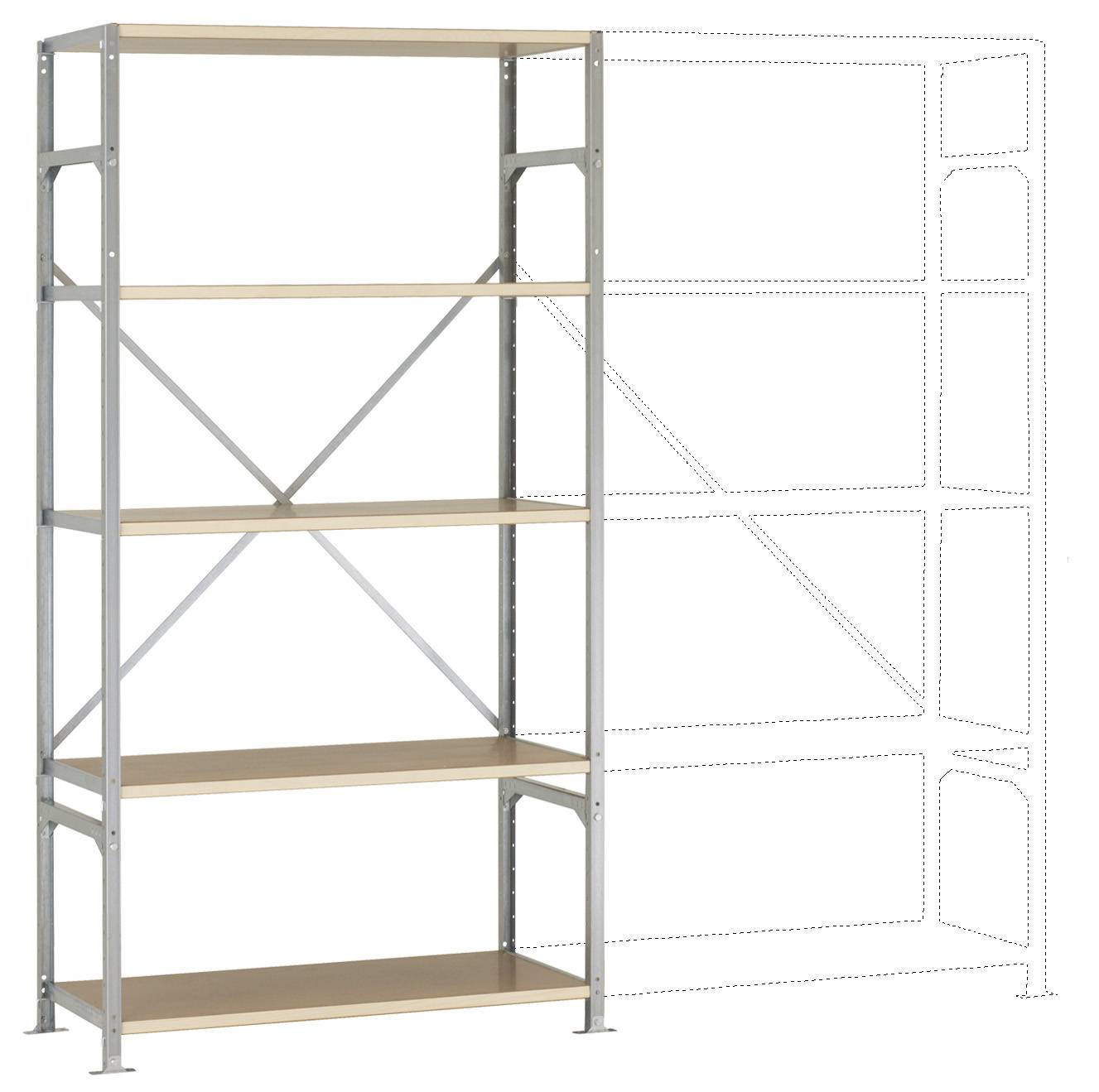 Fémlábakon álló, öt fa polcból álló polcrendszer baloldalt, jobboldalt egy további polc szaggatott körvonalai a bővíthetőség jelzésével.