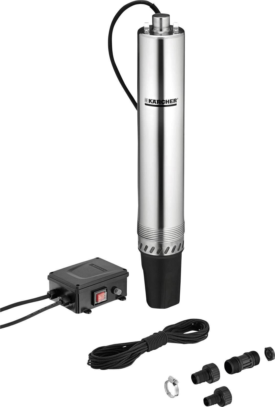 Rozsdamentes acél merülőszivattyú tartozékokkal: szívóvédővel, kábellel, kapcsolódobozzal és csatlakozó alkatrészekkel. Alkalmas öntözőrendszerekhez.