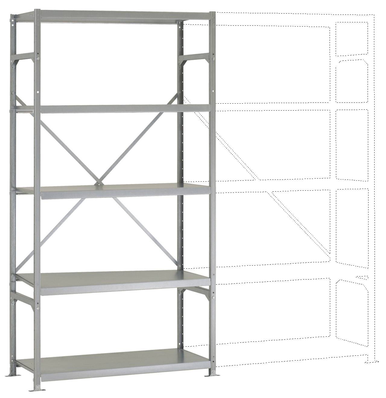 Fémpolcos állvány négy polcpanellel, amelyet a szerkezet szaggatott vázlatával együtt ábrázolnak az aktuális állvány mellett.