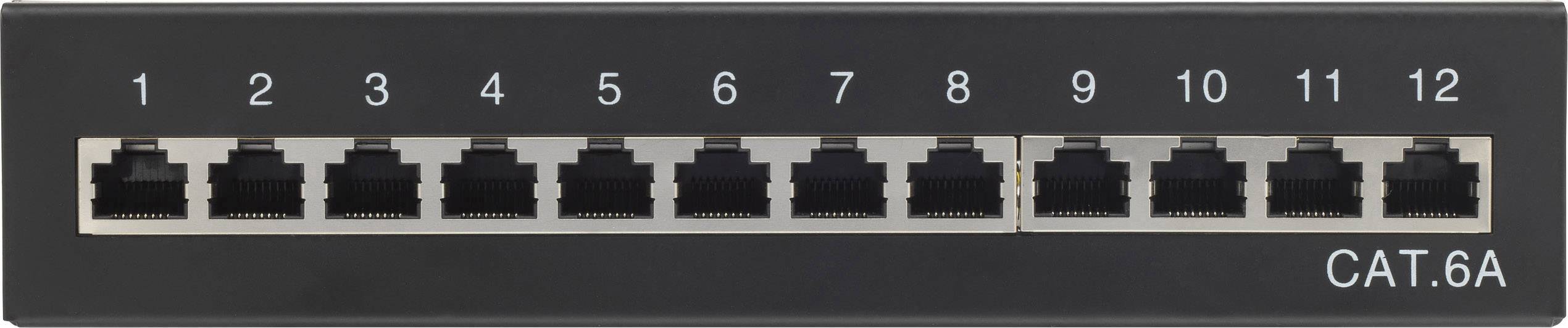 12 portos gigabites patch panel, 1-től 12-ig számozott csatlakozókkal, CAT.6A-s kábelekhez alkalmas, hálózati kapcsolatok kialakítására használva.