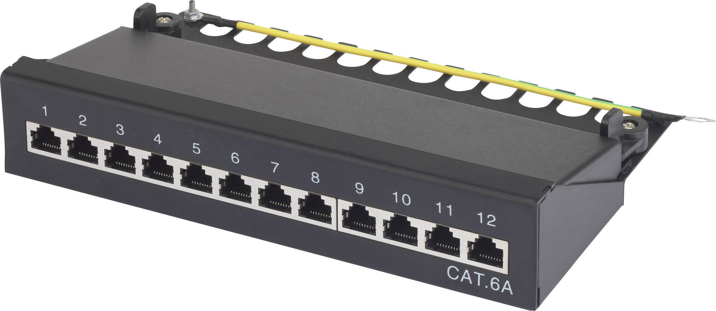 12 portos Ethernet patchpanel, 1-től 12-ig számozva, hálózati telepítésekhez. Cat. 6A szabvány feltüntetve.