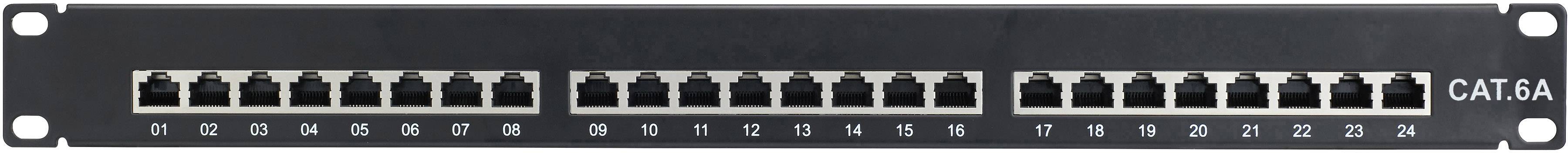 24 portos 'CAT 6A' patch panel RJ45 csatlakozókkal, amelyet hálózati kábelezéshez használnak egy rack szekrényben.
