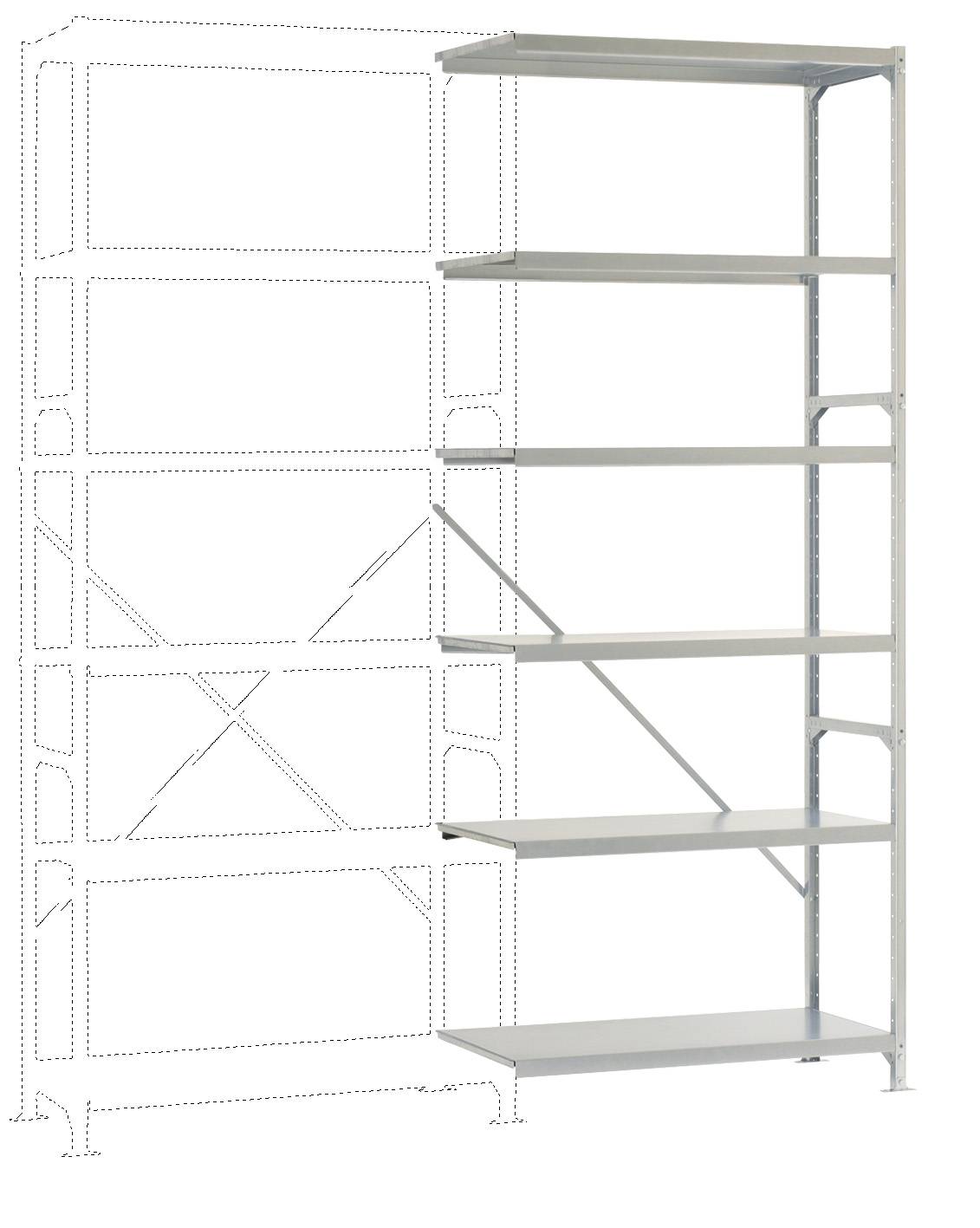Fém polcrendszer hat állítható polccal, amely további polcelemekkel bővíthető.
