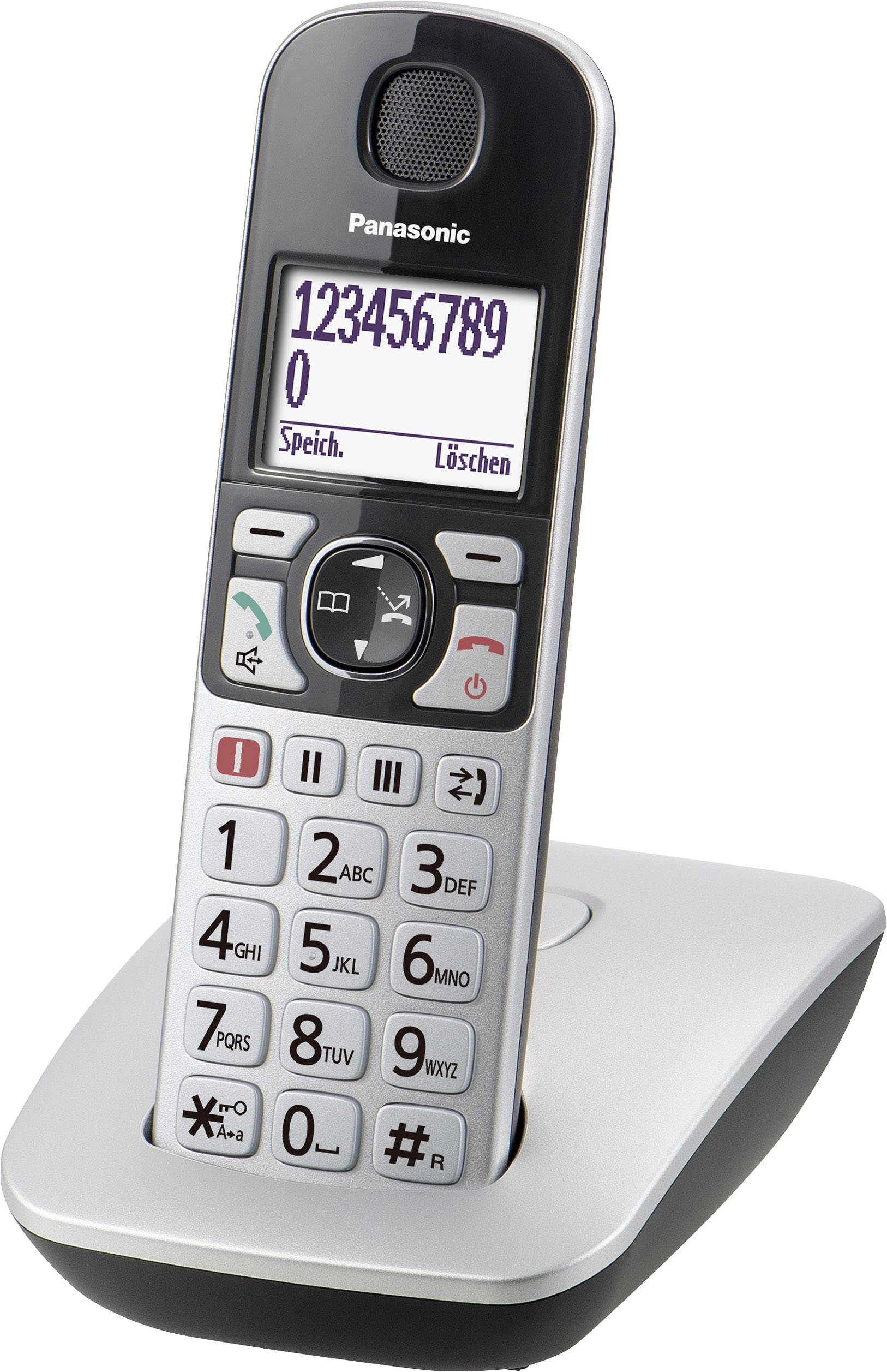Töltőállomáson lévő zsinór nélküli telefon, számbillentyűzettel és kijelzővel, amelyen '123456789' látható. Hívó- és hangerő-szabályzó gombok észlelhetők.