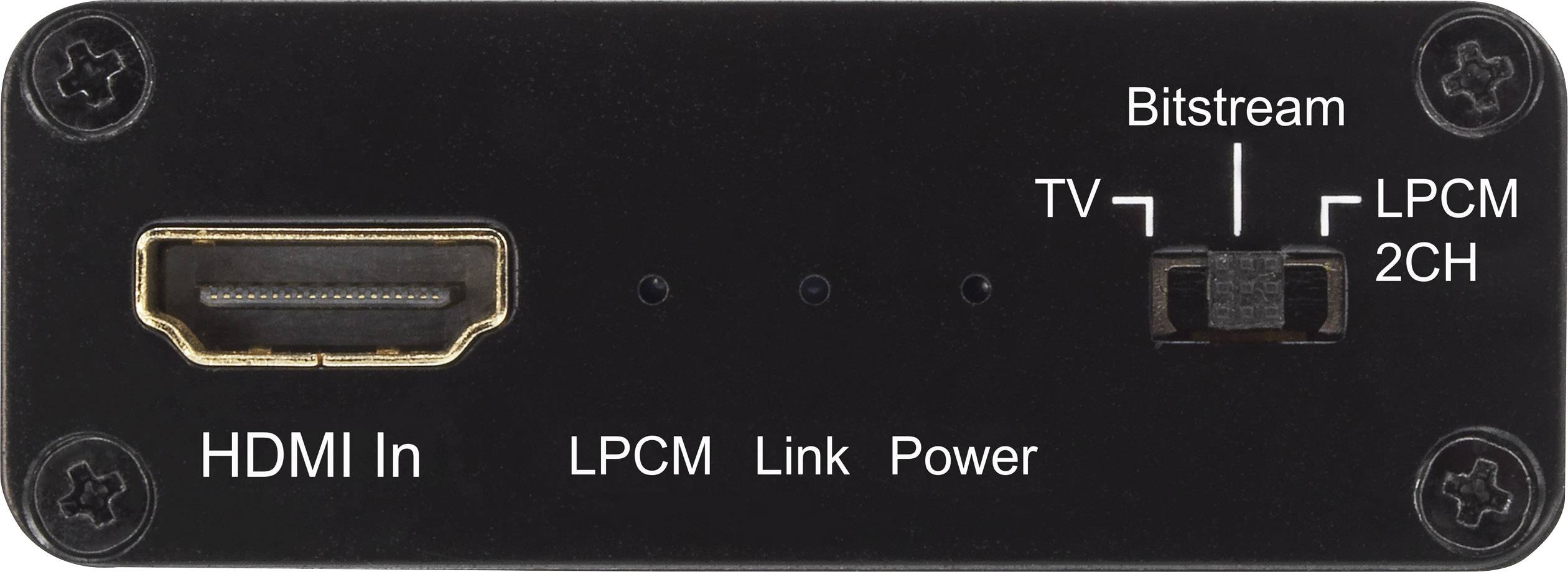 Fekete kezelőpanel bal oldalán HDMI-bemenettel, jobb oldalán audió kimeneti mód kapcsolóval (Bitstream, TV, LPCM 2CH) és LED-jelzőfényekkel.