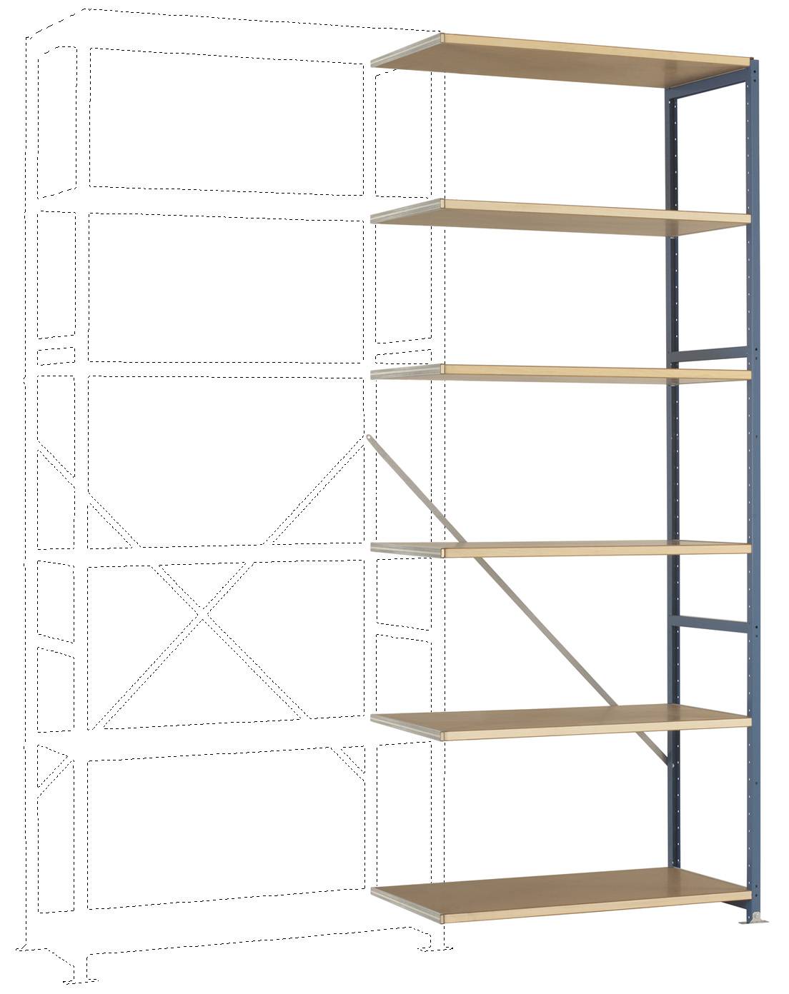 Fém váz kék kerettel és öt fahatású polccal. Egy moduláris rendszer további bővítési lehetőségekkel.