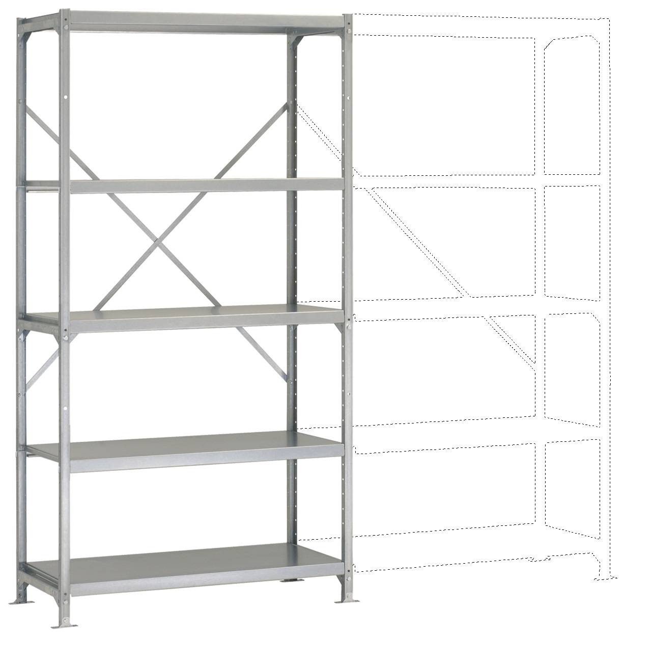 Stabil fémpolc négy polclemezzel, további bővítési lehetőséggel a rajzolt körvonalak által jelezve. Tárolásra alkalmas.