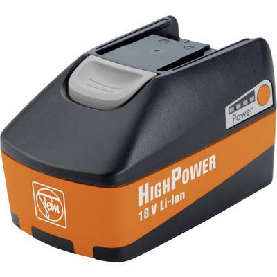 18 V-os lítium-ion akkumulátor, narancssárga-fekete színben, 'HighPower' felirattal, oldalán elhelyezett bekapcsológombbal, elektromos kéziszerszámokhoz alkalmas.