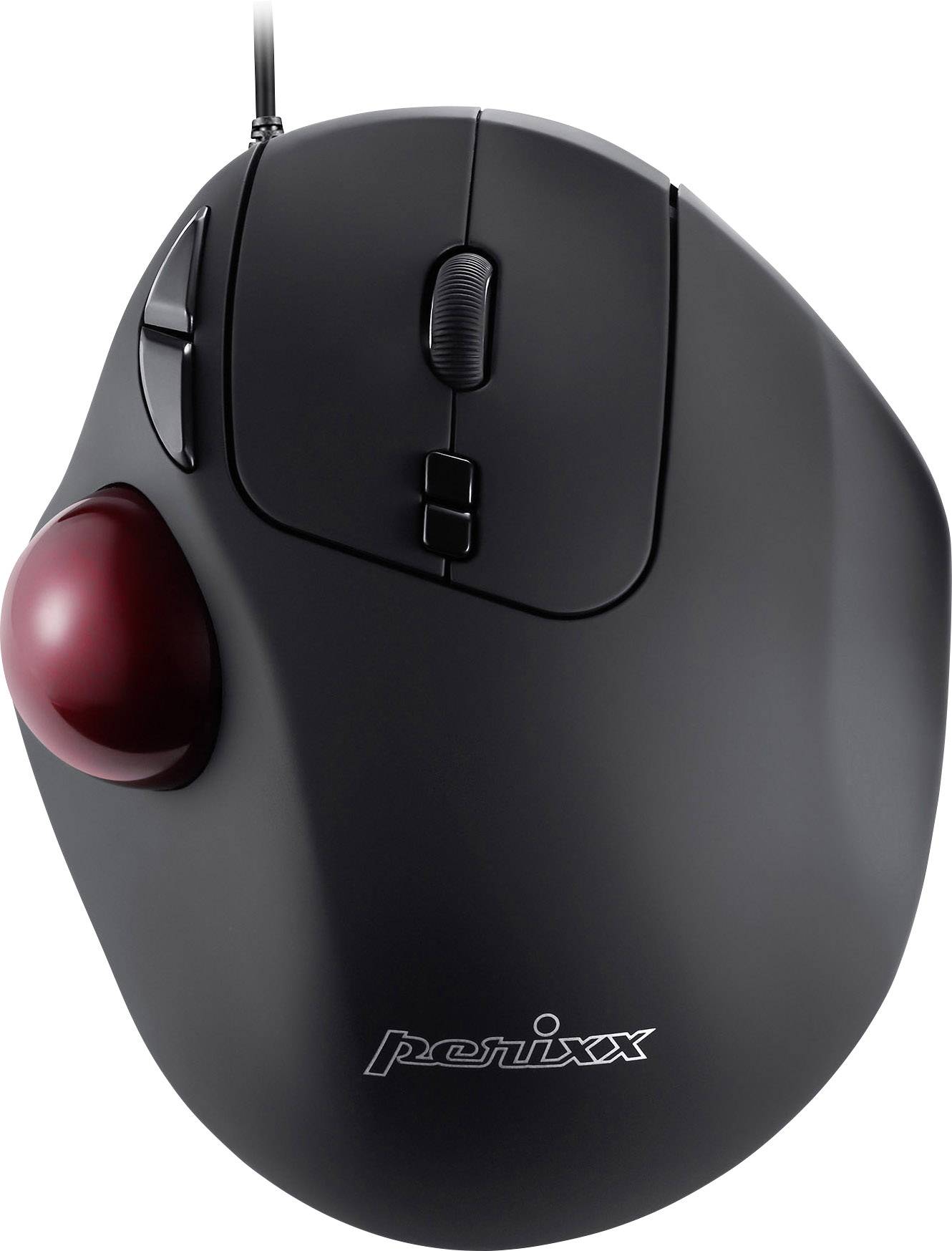 Fekete ergonomikus trackball egér piros trackball-al és két bal oldali gombbal. Alkalmas precíz kurzormozgatásra kézmozgás nélkül.