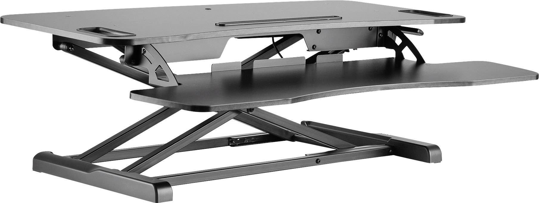 Fekete, magasságállítható íróasztal-feltét, amely lehetővé teszi az ülő és álló munkavégzés közötti váltást, két szinttel.