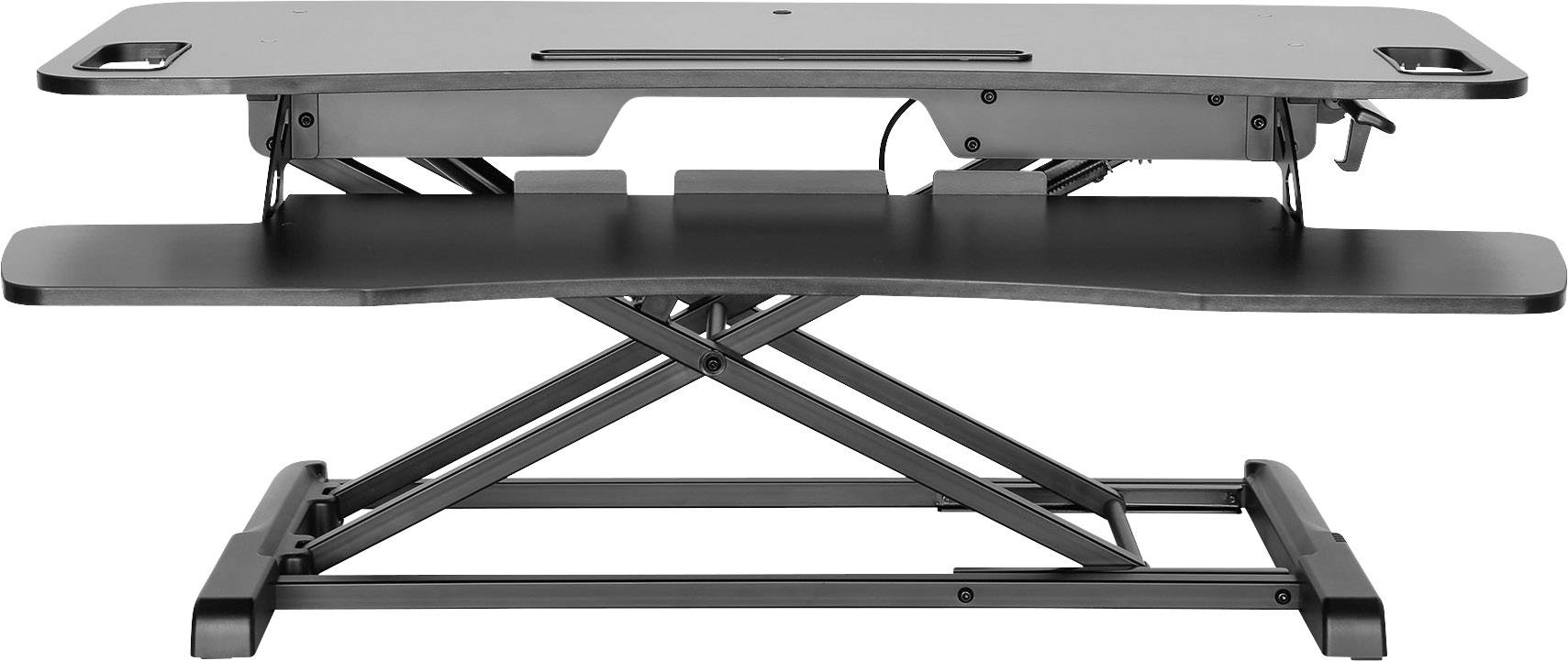 Ergonomikus, magasságban állítható álló munkaállomás fekete színben, lehetővé teszi az ülő és álló munkavégzés közötti váltást.