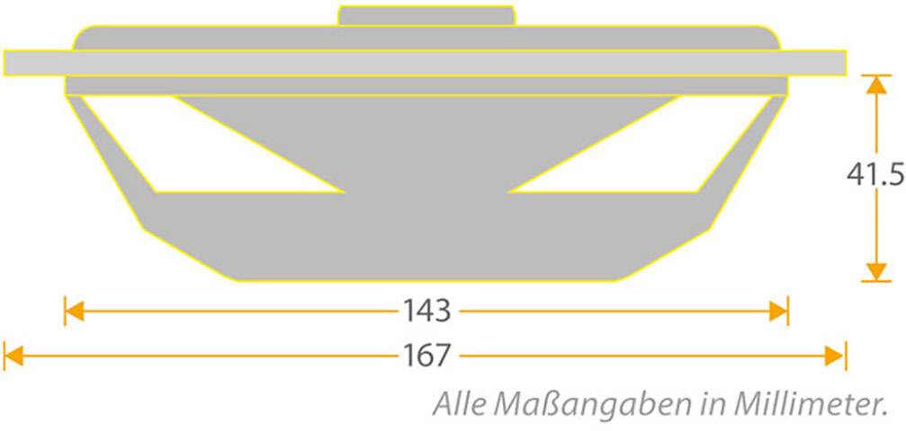 Műszaki rajz egy kerek tárgyról méretekkel: 167 mm átmérő, 41,5 mm magasság. Oldalnézeti részletek láthatók.