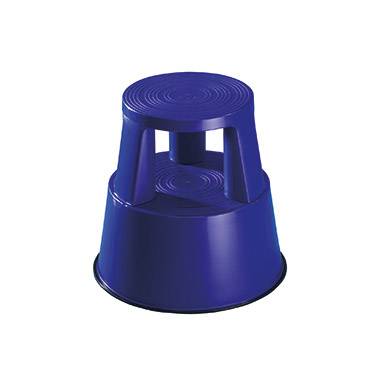 Egy kék, kerek fellépő lépcső két fokkal és gumírozott alappal, amely további fogást és stabilitást biztosít.