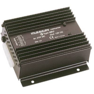 AC/DC-konverter 'Mascot Type 8862', bemenet: 24V DC, kimenet: 12V DC, maximális áramerősség: 6A. Fekete ház hűtőbordákkal.