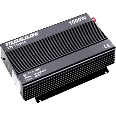 Mascot márkájú, fekete 12V-os inverter 1000W teljesítménnyel. A felületén műszaki specifikációk és CE-jelölés látható.