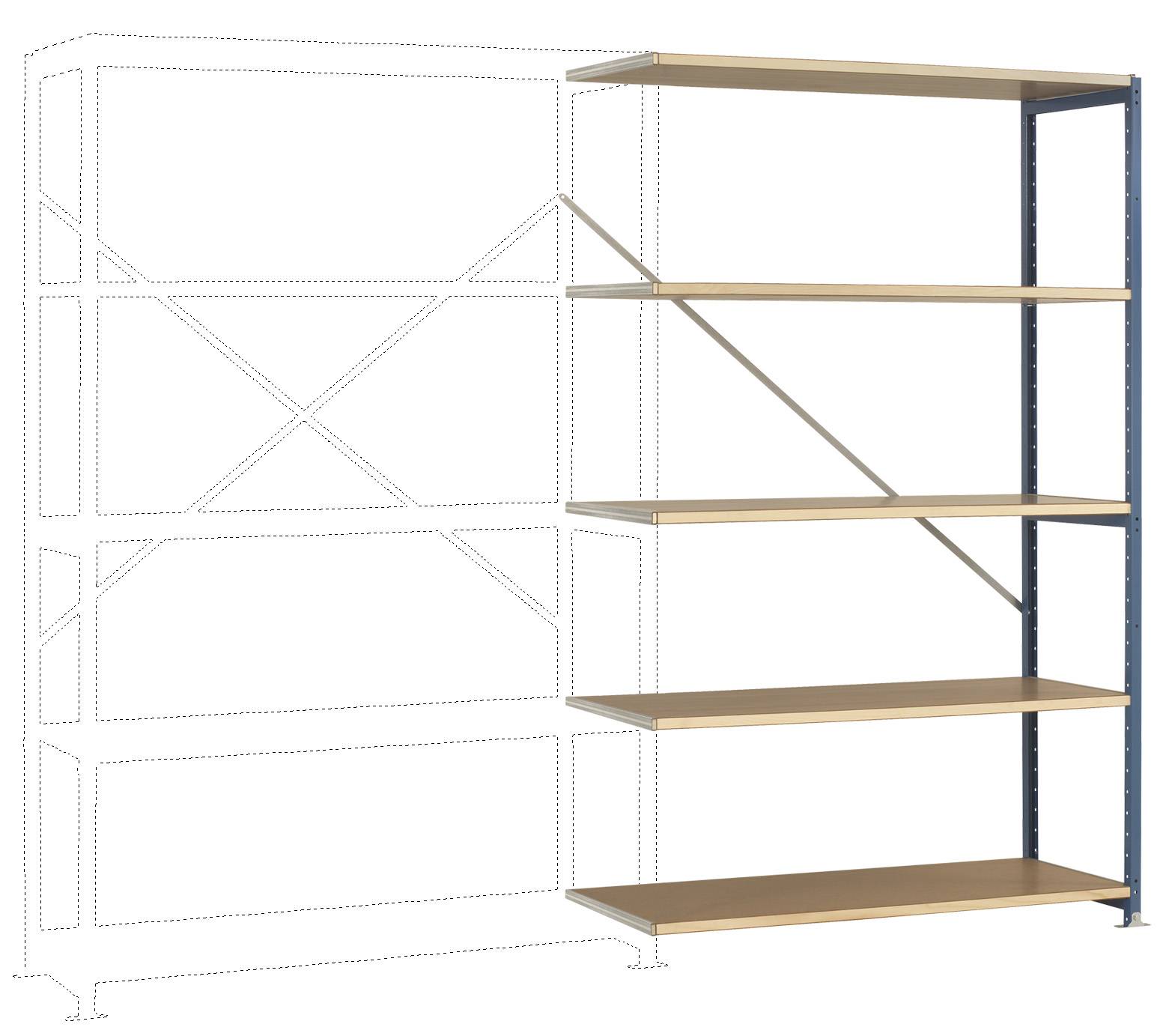 'Egy fémszekrény öt üres fapolccal a jobb oldalon. Balra a szekrény bővítése van vázlatosan megrajzolva.'