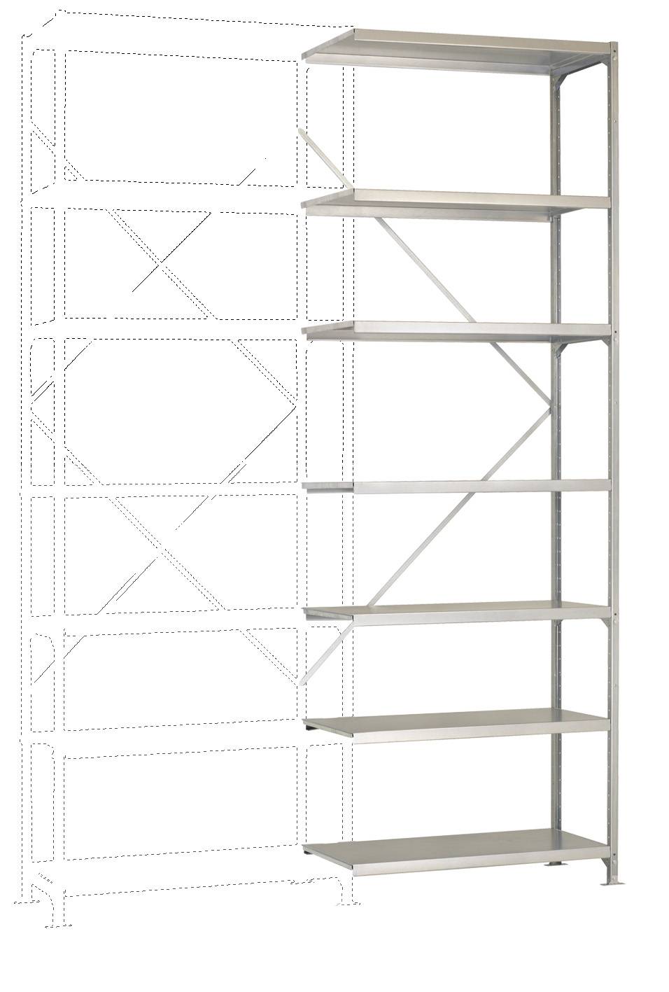 Fém polcállvány hét állítható polccal. Jobb oldal teljes egészében látható, bal oldal vázlatosan ábrázolva.