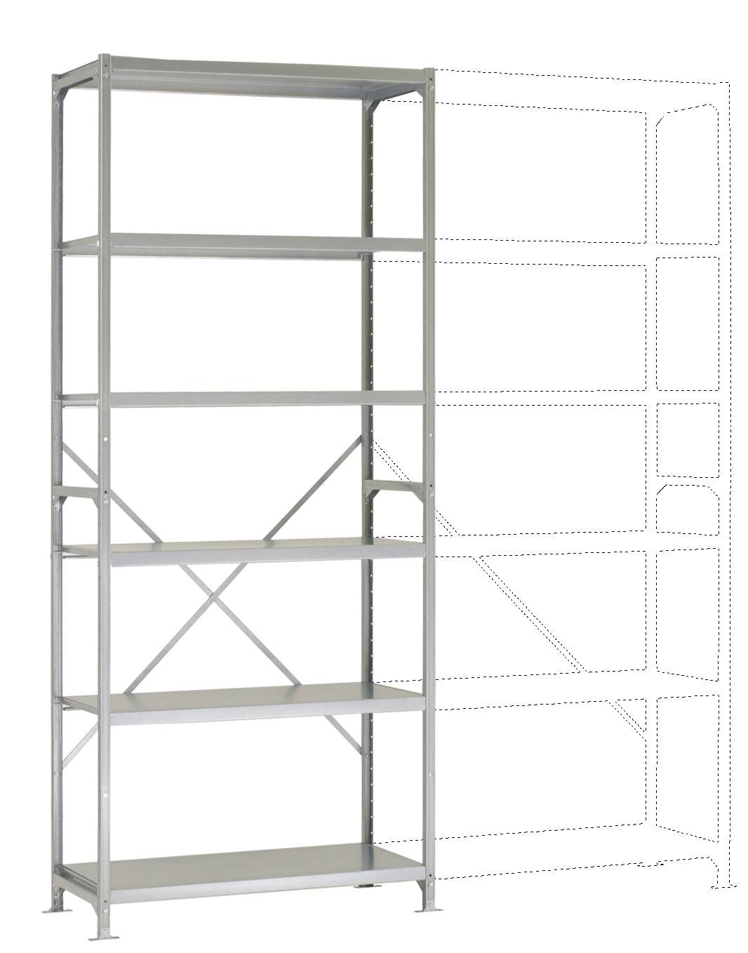 Egy szürke, magas fémpolc több betétlappal. Jobbra egy szaggatott vonalú vázlat látható egy kiegészítő alkatrészről.