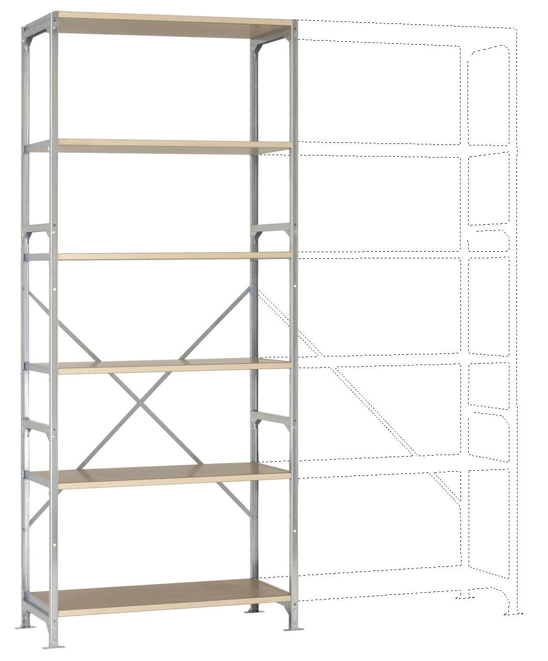 Fémállvány öt fa polcrésszel, jobbra szaggatott vonallal jelölt bővítési lehetőség. Ideális tárolásra vagy műhelybe.