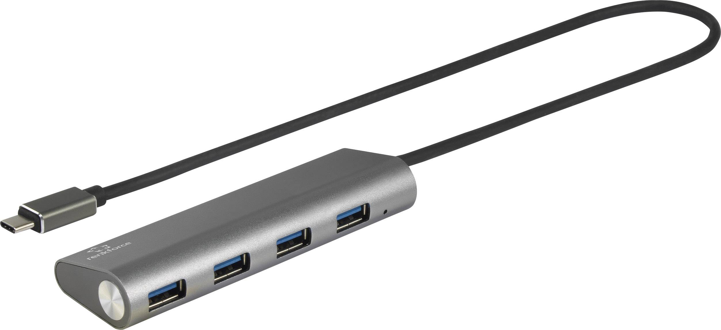 Egy USB-C-adapter négy USB-A csatlakozóval és hosszú kábellel. Kiválóan alkalmas eszközök csatlakozási lehetőségeinek bővítésére.