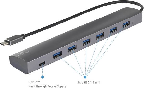 Renkforce RF-3374946 USB hub 6+1 port USB-A USB 3.2 Gen1 5 GBit/s Pass-Through áramcsatlakozóval, Alumínium házzal Ezüst