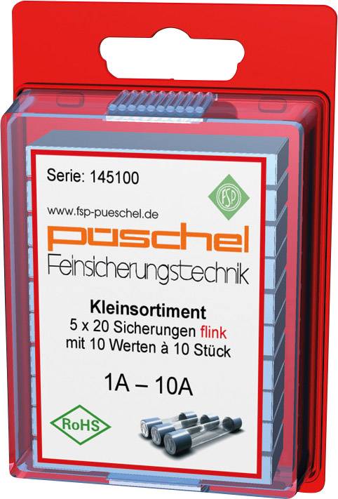 1A-10A kisméretű biztosíték-válogaték: Tartalmaz 5x20 db biztosítékot, 10 különböző értékben, egyenként 10 darabbal. Sorozatszám: 145100. Márka: Puschel. Alkalmazás: Finombiztosítási technika.