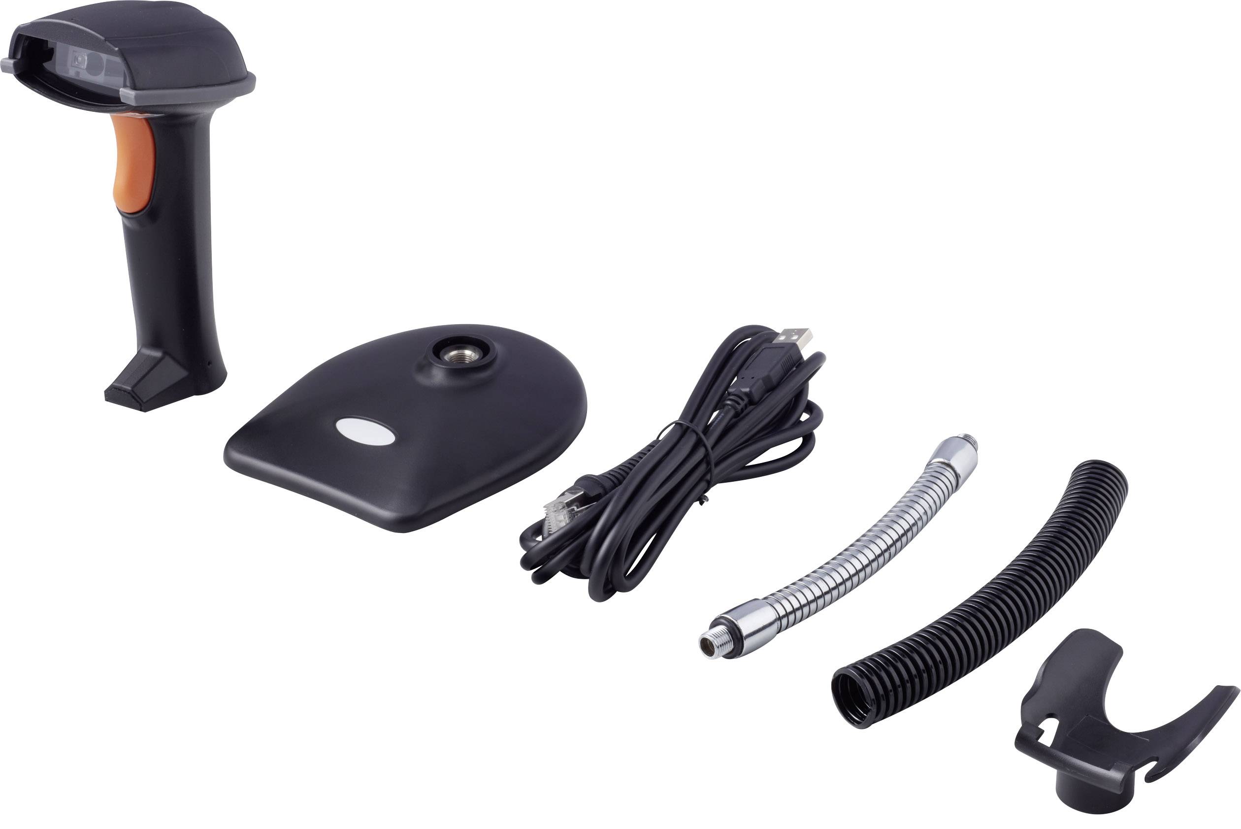 Vonalkódolvasó szett, amely tartalmaz egy szkennert, bázisállomást, USB-kábelt és rugalmas tartókart. Alkalmas raktári vagy kiskereskedelmi felhasználásra.