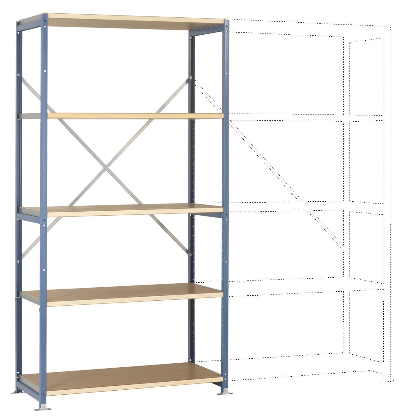 Stabil fémállvány négy fapolccal, ipari vagy raktári környezetben történő felállításra alkalmas; bővíthetősége egyértelműen látható.