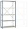 Négypolcos fémállvány bal oldalon, szaggatott vonalú kontúrral a jobb oldalon történő bővíthetőség jelzésével. Tökéletes tárolási megoldás irodában vagy pincében.