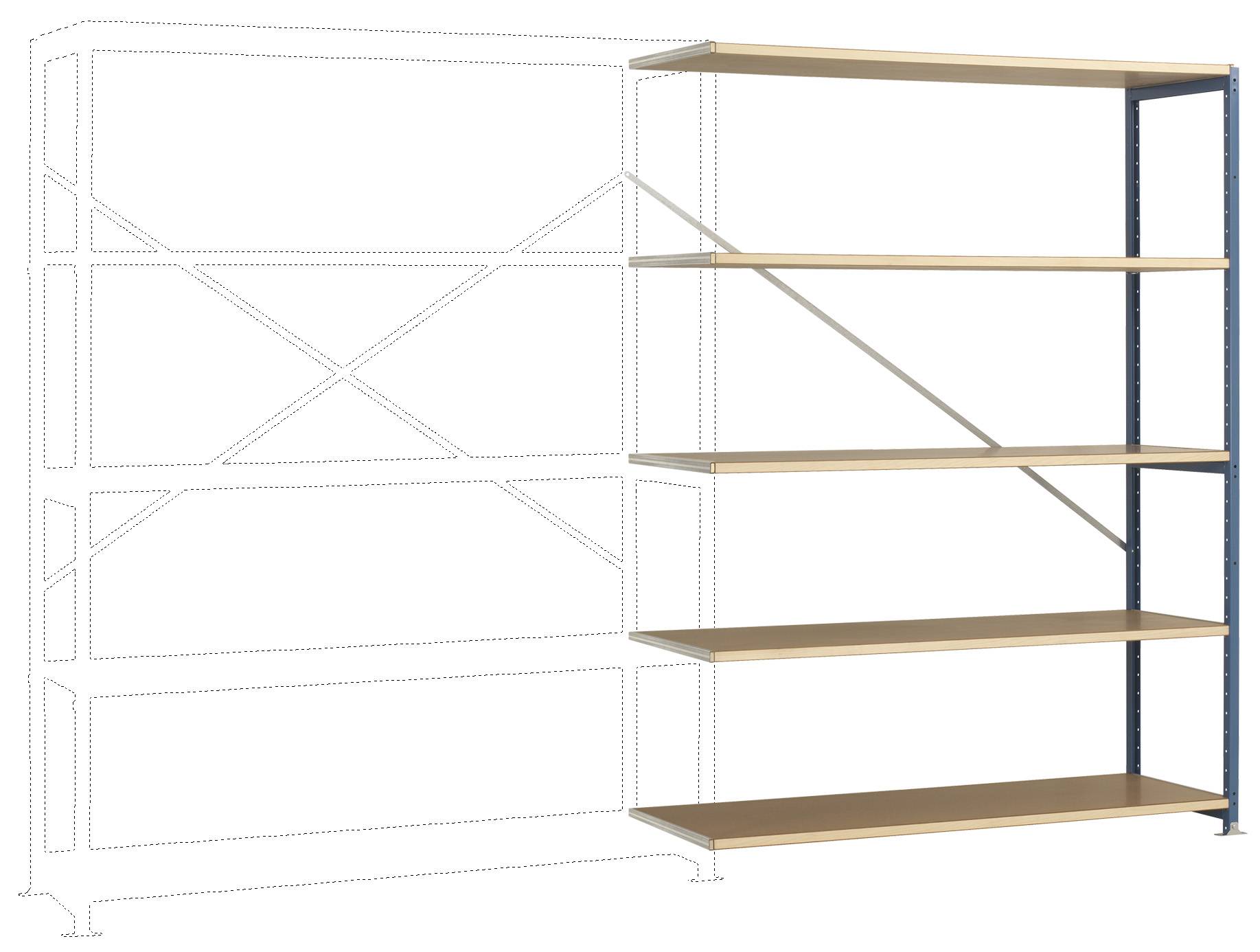 Öt szintes polcrendszer, részben összeszerelve. Jobbra öt fa polclemez van szerelve kék fémvázra, balra nincsenek felhelyezve polcok.