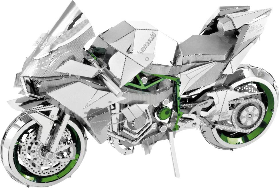 Ezüstös, futurisztikus fémmodell egy motorkerékpárról zöld hangsúlyokkal és részletes mechanikával.