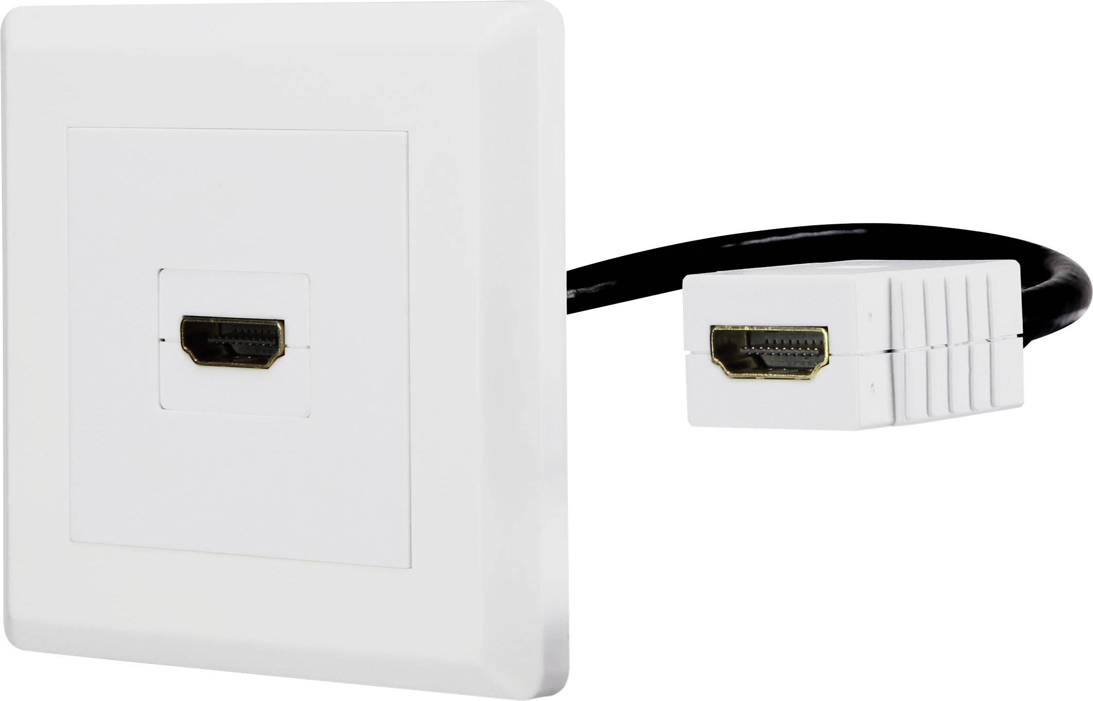 Egy fehér HDMI-fali csatlakozó, amelyhez egy fekete HDMI-kábel van csatlakoztatva.