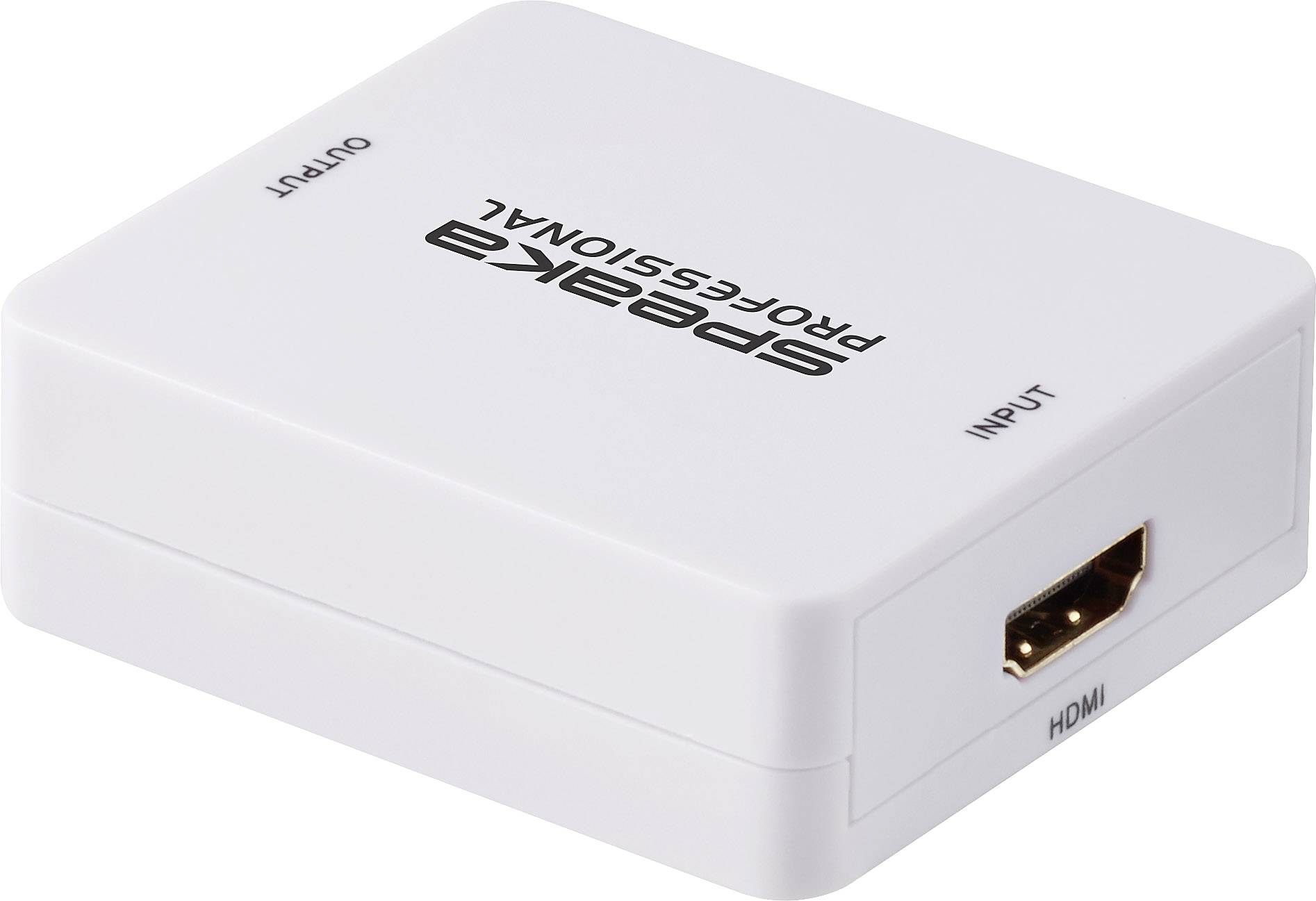 Fehér HDMI-elosztó bemeneti és kimeneti csatlakozókkal, amelyet a Speaka Professional nevű cég gyártott.