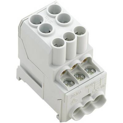 Egy több érintkezős, fehér elektromos csatlakozó, csavaros érintkezőkkel, DIN-sínre szerelhető kivitelben, biztonságos kábelezéshez.