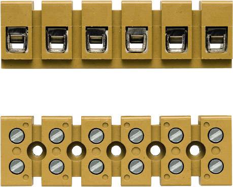 Barna csatlakozókapocs több csatlakozási ponttal. Fémcsavaros elektromos káblerősítő kötések láthatók rajta.