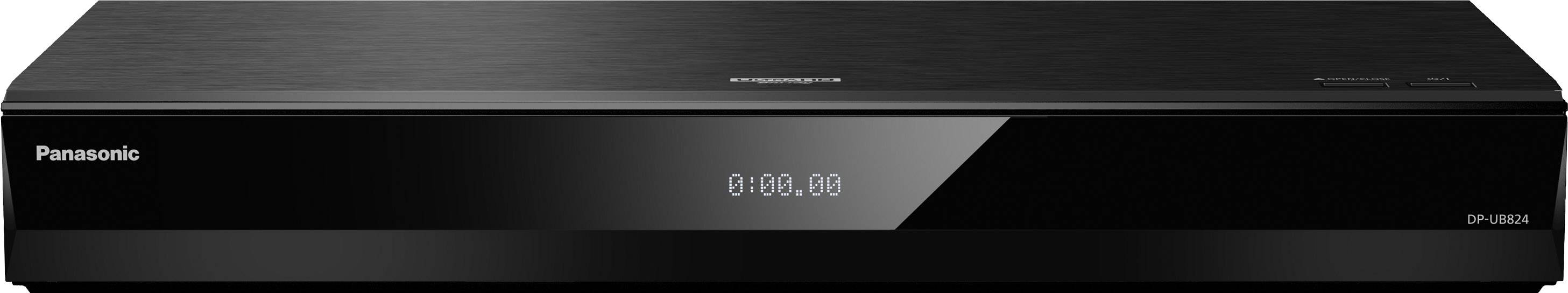 Fekete Panasonic Blu-ray lejátszó digitális kijelzővel középen, amely '0:00:00' értéket mutat. Elölnézete minimalista dizájnú.