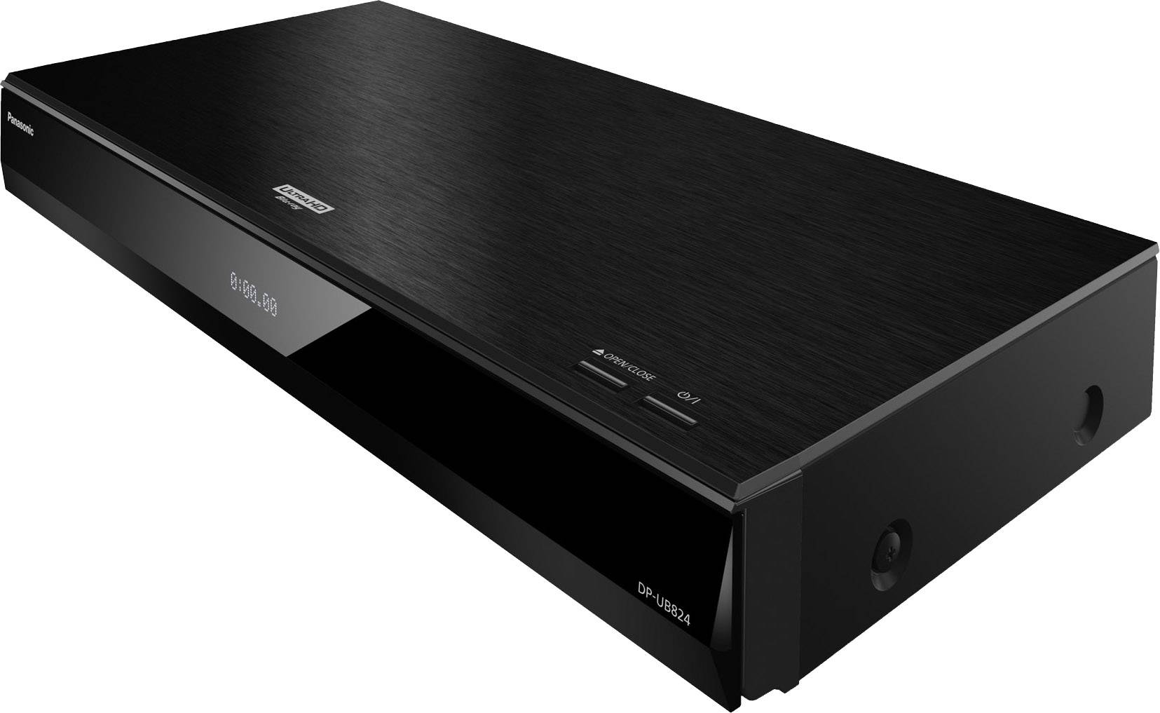 Fekete Blu-ray-lejátszó 'Ultra HD' felirattal a felületén, téglalap alakú, lapos kialakítású, elölnézeti kijelzővel.