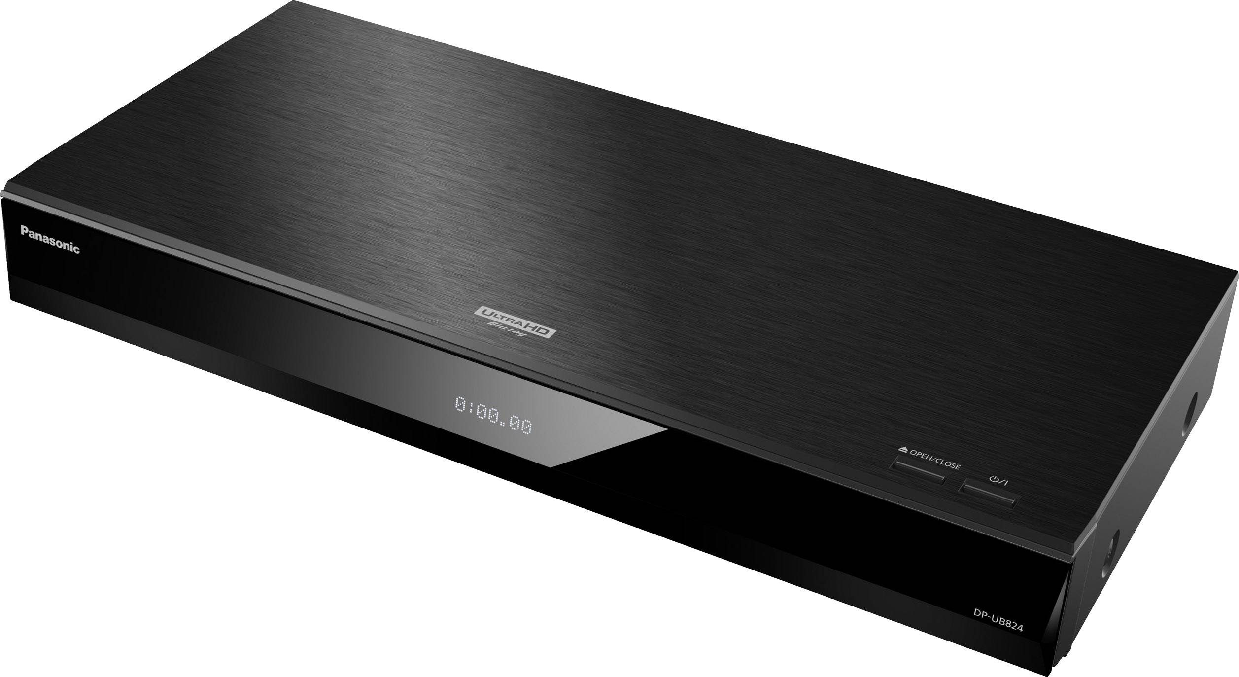 Egy fényes felületű, fekete Blu-ray lejátszó digitális kijelzővel az elején.