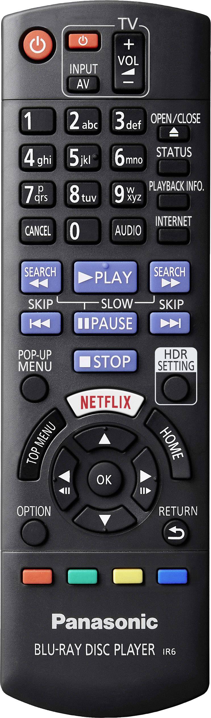 Fekete távirányító egy Panasonic Blu-ray-lemezjátszóhoz, amelyen lejátszás, szünet, Netflix és hangerő-szabályzó gombok találhatók.