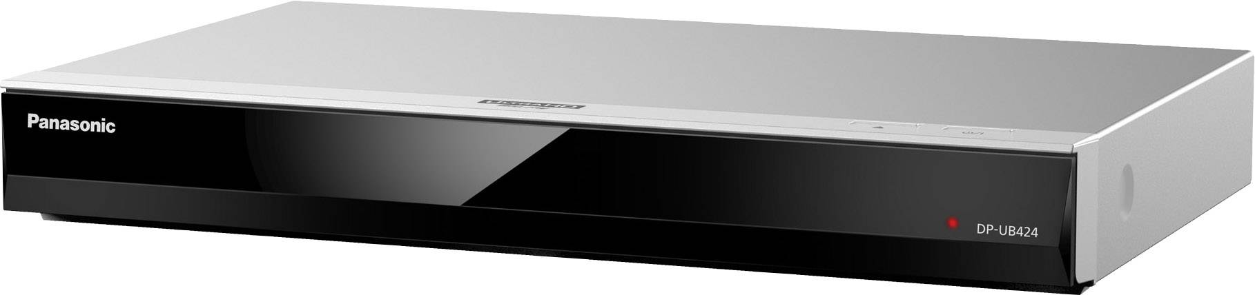 Egy ezüst és fekete Panasonic Blu-ray-lejátszó fényes felülettel és piros üzemjelző fénnyel.