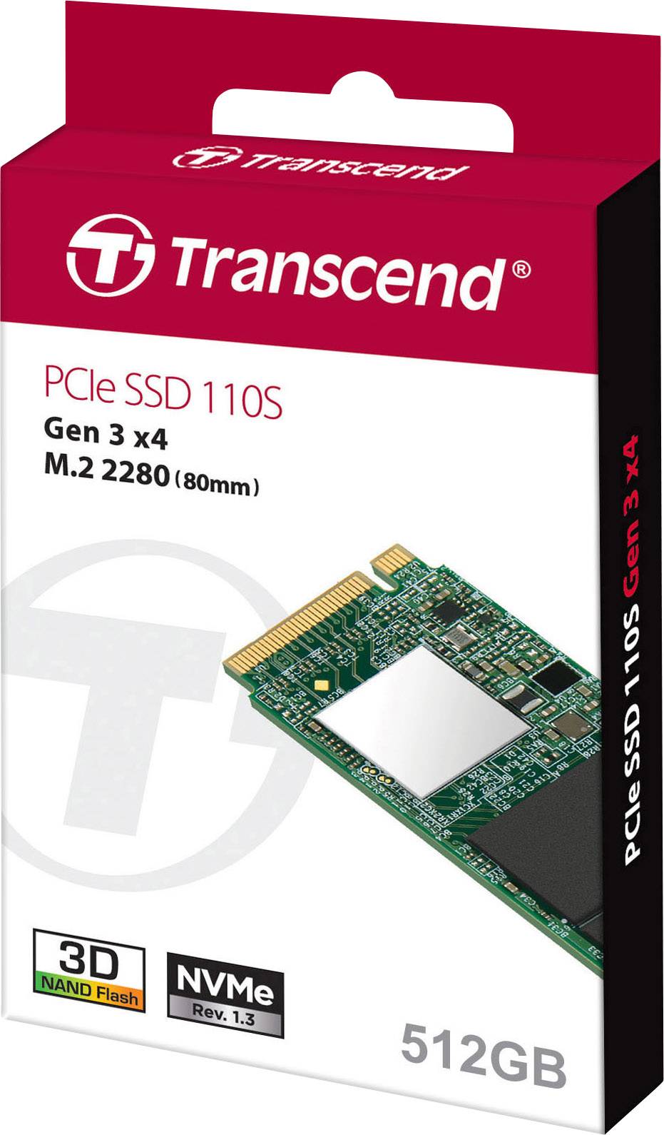 Transcend PCIe SSD 110S csomag: 512GB Gen 3 x4 M.2 2280 SSD 3D NAND Flash-sal és NVMe 1.3-mal; termékábra az előlapon.
