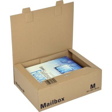 Nyitott barna kartondoboz, amelyen 'Mailbox M' felirat szerepel, láthatóan tartalmaz egy dokumentumot vagy magazint.