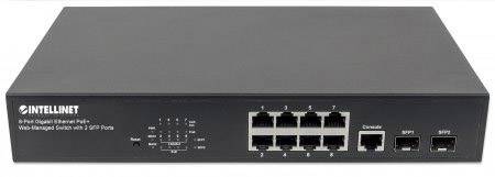 8 Gigabit-Ethernet-porttal és 2 SFP-porttal rendelkező hálózati switch. Márka: 'INTELLINET'. Az előlap mutatja a csatlakozókat és az állapotjelző LED-eket.