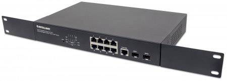 Egy fekete hálózati switch több Ethernet-porttal, amelyet rack-be szerelésre terveztek, és hálózati kapcsolatok létrehozására szolgál.