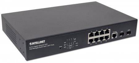 Intellinet fekete 10 portos Gigabit Ethernet switch, alkalmas hálózatok és gyors adatátvitel számára.